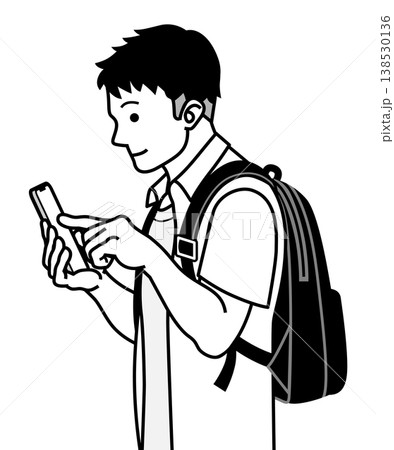 スマホを人差し指でタップ操作する若い男性 横向き 上半身 リュック 半袖 線画クリップアート 138530136