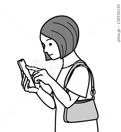 スマホを人差し指でタップ操作する若い女性 横向き 上半身 ショルダーバッグ 線画クリップアート スマホを人差し指でタップ操作する若い女性 横向き 上半身 ショルダーバッグ 線画クリップアート 138530139