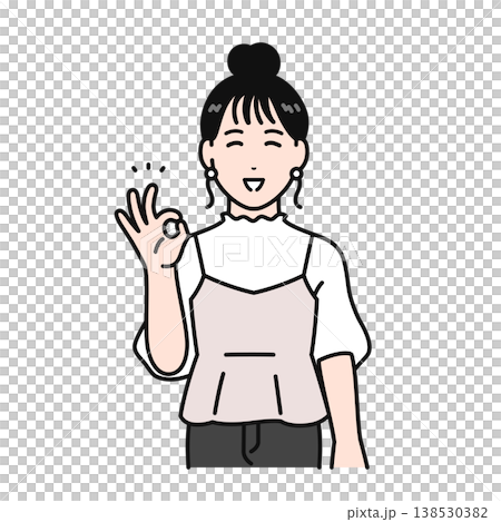 一幅簡單的向量插圖,描繪了一位年輕女子,頭髮盤成髮髻,面帶微笑,並做出“OK”手勢。 一幅簡單的向量插圖,描繪了一位年輕女子,頭髮盤成髮髻,面帶微笑,並做出“OK”手勢。 138530382