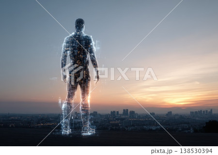 Confident Engineer Overlooking City at Sunset with Digital Transparency Effect Confident Engineer Overlooking City at Sunset with Digital Transparency Effect 138530394