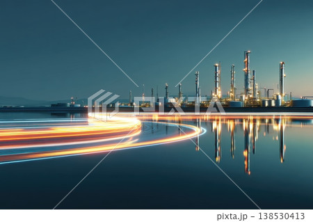 Futuristic Oil Refinery Cityscape with Shimmering Lights and Reflection on Water Surface 138530413