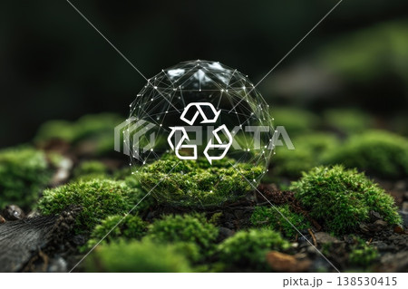 Transparent globe wrapped in digital neural network with recycle symbol and moss background 138530415