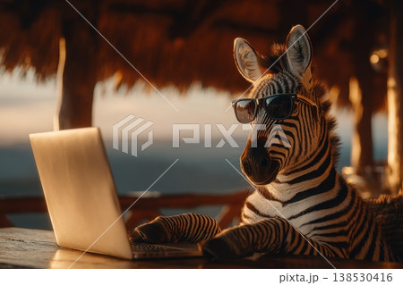 Stylish Zebra Seated at Desk Using Laptop in Open Air Safari Lodge Setting Stylish Zebra Seated at Desk Using Laptop in Open Air Safari Lodge Setting 138530416