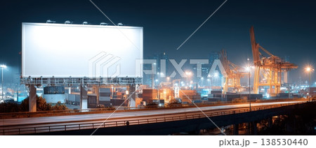Blank Billboard Mockup Displaying White Glow Near Industrial Area and City Lights at Night Blank Billboard Mockup Displaying White Glow Near Industrial Area and City Lights at Night 138530440