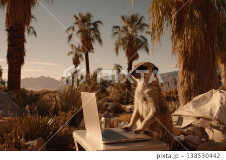 Curious meerkat seated upright at portable camp in scenic desert landscape Curious meerkat seated upright at portable camp in scenic desert landscape 138530442