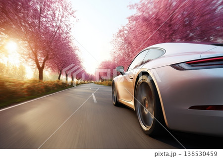 Sleek Car Driving on Dry Road Surrounded by Beautiful Pink Spring Blossom Trees 138530459