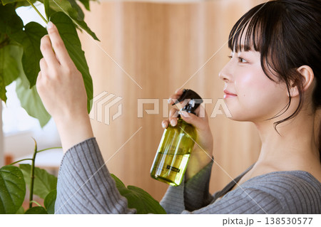 観葉植物に霧吹きで水を与える若い女性 138530577