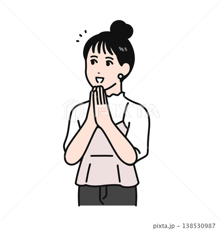 両手を合わせて感心するお団子ヘアの若い女性のシンプルなベクターイラスト素材 138530987