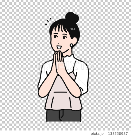 一幅簡單的向量插圖，描繪了一位頭髮盤成髮髻的年輕女子，雙手合十，滿懷讚賞。 138530987