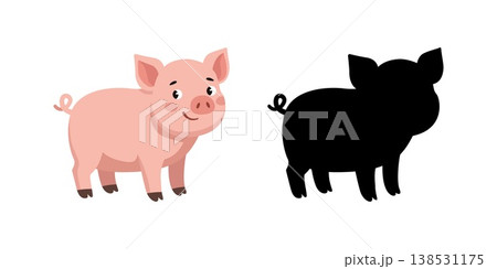 Cute pink pig and black silhouette for children educational puzzle Cute pink pig and black silhouette for children educational puzzle 138531175