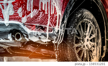 Red compact SUV car with sport and modern design washing with soap. Car covered with white foam. Car care service business concept. Car wash with foam before glass waxing and glass coating automobile. 138531201