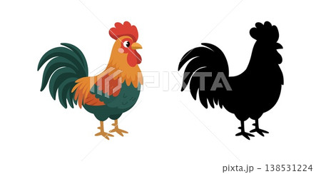 Colorful cartoon rooster and black silhouette for kids logic puzzle Colorful cartoon rooster and black silhouette for kids logic puzzle 138531224