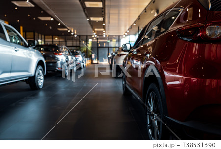 Rearview car parked in luxury showroom. Car dealership office. New car parked in modern showroom. Car for sale and rent business concept. Automobile leasing and insurance concept. Electric automobile. Rearview car parked in luxury showroom. Car dealership office. New car parked in modern showroom. Car for sale and rent business concept. Automobile leasing and insurance concept. Electric automobile. 138531390