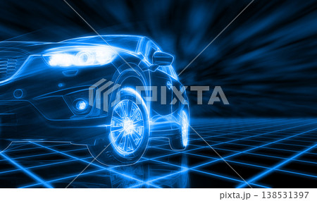 Modern SUV car open headlamp parked on dark background in futuristic vehicle concept. Future transportation. Futuristic autonomous car. Driverless autonomous vehicle. Self-driving car technology. Modern SUV car open headlamp parked on dark background in futuristic vehicle concept. Future transportation. Futuristic autonomous car. Driverless autonomous vehicle. Self-driving car technology. 138531397