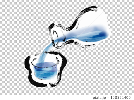 日式水墨插畫，描繪了傾倒冰鎮清酒的場景。 138531400