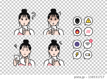 智慧型手機，頭髮紮起來的年輕女子，負面情緒，通知圖標集 138531717