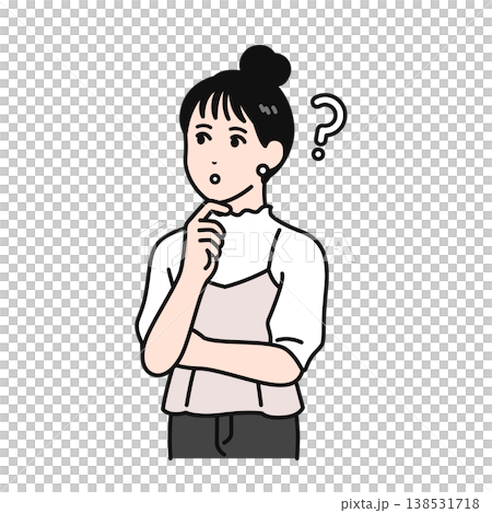 A simple vector illustration of a young woman with her hair tied up, looking like she has a question mark above her head. 138531718