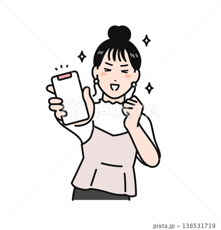 笑顔でスマートフォンの画面を見せるまとめ髪の若い女性のシンプルなベクターイラスト素材 138531719