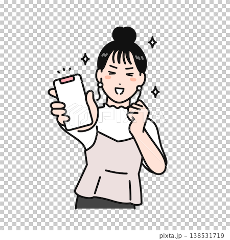 笑顔でスマートフォンの画面を見せるまとめ髪の若い女性のシンプルなベクターイラスト素材 138531719