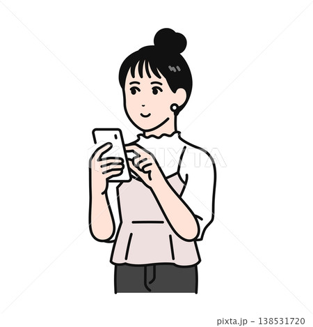 スマートフォンを操作するまとめ髪の若い女性のシンプルなベクターイラスト素材 スマートフォンを操作するまとめ髪の若い女性のシンプルなベクターイラスト素材 138531720