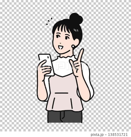 スマホを持って説明を聞くまとめ髪の若い女性のシンプルなベクターイラスト素材 138531721