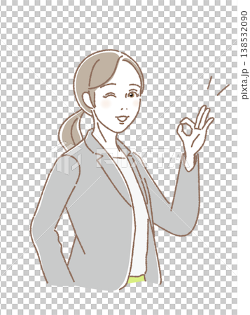 眨眼,商務,西裝女,微笑,OK 手勢,解決方案,接待,指導,向量圖。 眨眼,商務,西裝女,微笑,OK 手勢,解決方案,接待,指導,向量圖。 138532090