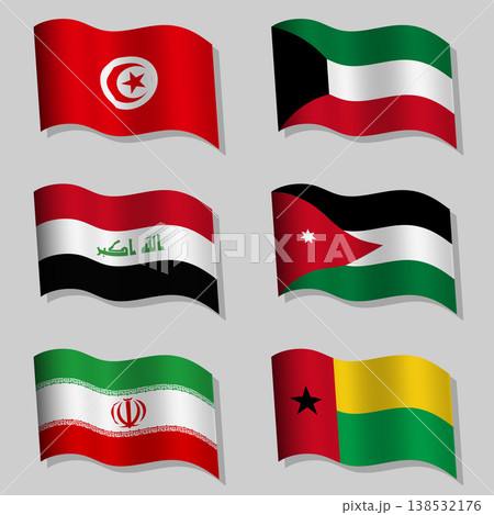 Collection of wavy flags with flagpoles 138532176