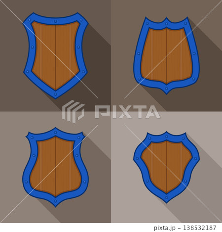 Set of wooden blue shields with shadows Set of wooden blue shields with shadows 138532187