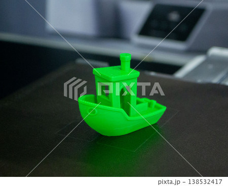 3D printed art object. Art object printed on 3D printer from melted colored plastic. Model in shape little green boat created on 3D printer from threads of molten plastic. Modern additive technologies 138532417
