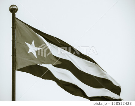 Cuba Flag Waving on flagpole, black and white 138532428