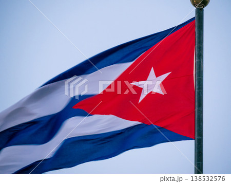 Cuba Flag Waving on flagpole, close up. Cuba Flag Waving on flagpole, close up. 138532576