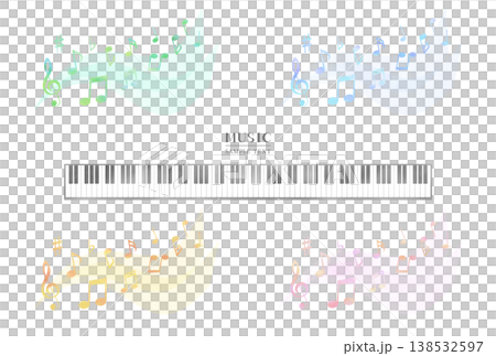 一組水彩風格的插圖，描繪了鍵盤和旋律。 138532597