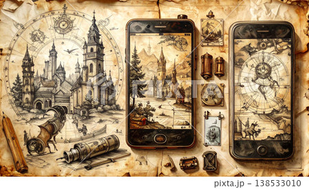 This drawing displays a modern smartphone schematic along with various internal parts. It includes artistic scenes of castles and landscapes. The design blends technology and history together. 138533010