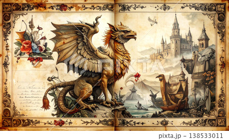 A griffin stands on a rocky surface with its wings spread. In the background, a castle and ships are visible near a body of water. The scene combines elements of fantasy and history. 138533011
