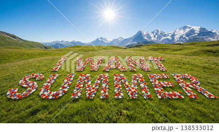 Thousands of wildflowers create the phrase I WANT SUMMER on a grassy field. Sunlight shines down as mountains rise in the background on a clear day in spring. 138533012