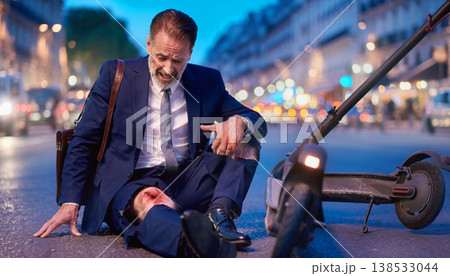 A middle aged businessman in a suit sits on the street, looking shocked and holding his knee. An electric scooter is nearby. The scene shows a busy urban setting during evening rush hour. 138533044