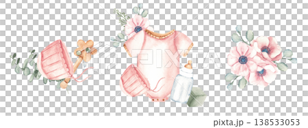 Watercolor baby girl nursery set with clothes, toys, milk bottle and floral bouquets in soft pastel colors. Hand painted watercolor illustration featuring baby girl essentials. Perfect for nursery 138533053