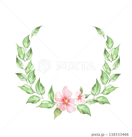 Pink watercolor flowers in a green leaf wreath. Romantic hand drawn aesthetic illustration Pink watercolor flowers in a green leaf wreath. Romantic hand drawn aesthetic illustration 138533466