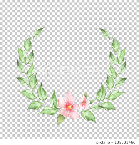 Pink watercolor flowers in a green leaf wreath. Romantic hand drawn aesthetic illustration Pink watercolor flowers in a green leaf wreath. Romantic hand drawn aesthetic illustration 138533466