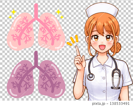 Medical illustration material of a nurse explaining the lungs. Medical illustration material of a nurse explaining the lungs. 138533491