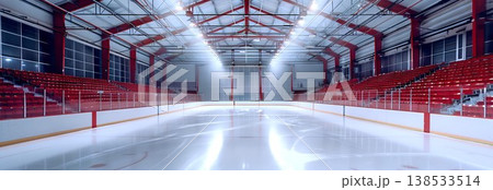 Empty Hockey Arena with Pristine Ice Rink and Dramatic Lighting Concept of Sports Venues, Winter Activities, Athletic Competition, and Modern Architecture. Banner 138533514