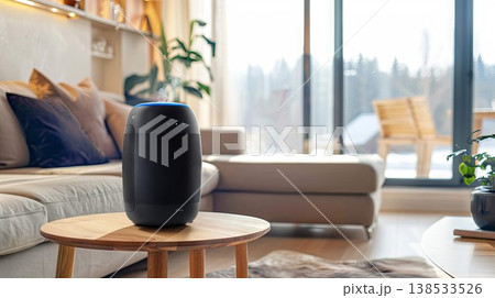 Modern Black Air Ionizer with Blue LED in Cozy Living Room Setting Relaxation Technology and Home Comfort Concept Modern Black Air Ionizer with Blue LED in Cozy Living Room Setting Relaxation Technology and Home Comfort Concept 138533526