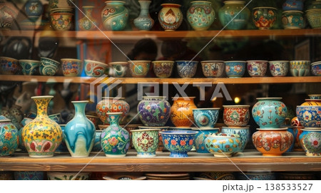 Colorful Ceramic Pottery Display in cookware Store Window. Concept of Artisanal Craftsmanship, Cultural Aesthetics, Traditional Handcrafted Art, kitchenware shop, Vibrant Home Decor, tableware Colorful Ceramic Pottery Display in cookware Store Window. Concept of Artisanal Craftsmanship, Cultural Aesthetics, Traditional Handcrafted Art, kitchenware shop, Vibrant Home Decor, tableware 138533527