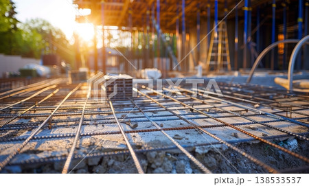 Sunrise Over a Construction Site with Rebar and Metal Supports. Concept of Urban Development, Industrial Growth, Building Progress, and Forging New Horizons Sunrise Over a Construction Site with Rebar and Metal Supports. Concept of Urban Development, Industrial Growth, Building Progress, and Forging New Horizons 138533537