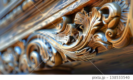 Close-Up View of Intricately Carved Wooden Panel Showcasing Detailed Artisan Skills and Exquisite Craftsmanship. Concept of nature art, and traditional wood carving 138533540