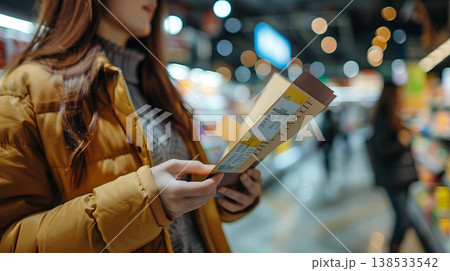Asian Woman Shopping in a Grocery Store Aisle Holding Product Box Reading Labels Concept of Shopping Decisions, Product Information, Consumer Choices, Healthy Living 138533542