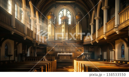 Majestic Church Interior with Sunlit Pipe Organ and Wooden Pew Decorations Capturing Spiritual Serenity and Architectural Grandeur 138533550