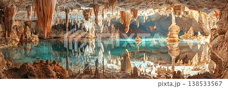 Expansive Cave Interior with Towering Stalactites and Stunning Reflections in Crystal Clear Underground Lake. Banner 138533567