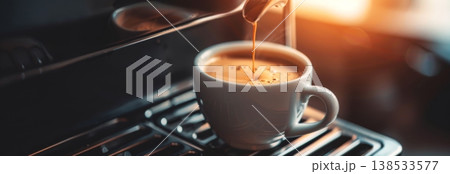 Close-Up of Coffee Cup in Espresso Machine. Concept of Fresh Brew, Morning Routine, Beverage Enjoyment, Cafe Culture. Banner 138533577