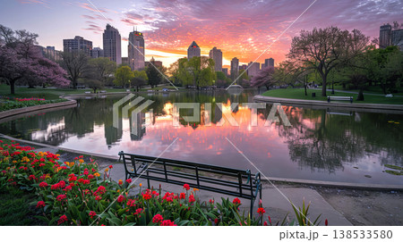 City Park at Sunset with a Pond Reflecting Vibrant Colors and Spring Blossoms Near Urban Skyline 138533580